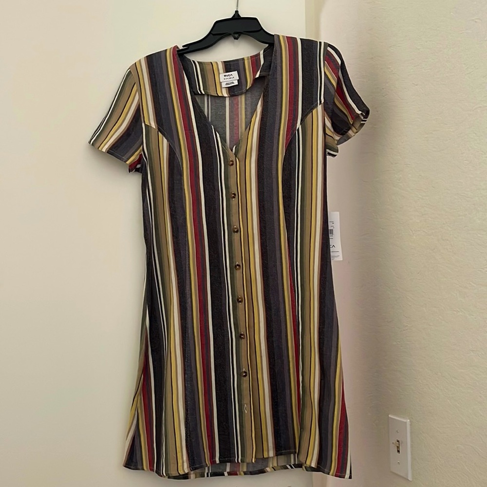 RVCA Vertical Stripe Button-Front Mini Dress in Olive, Burgundy, Black